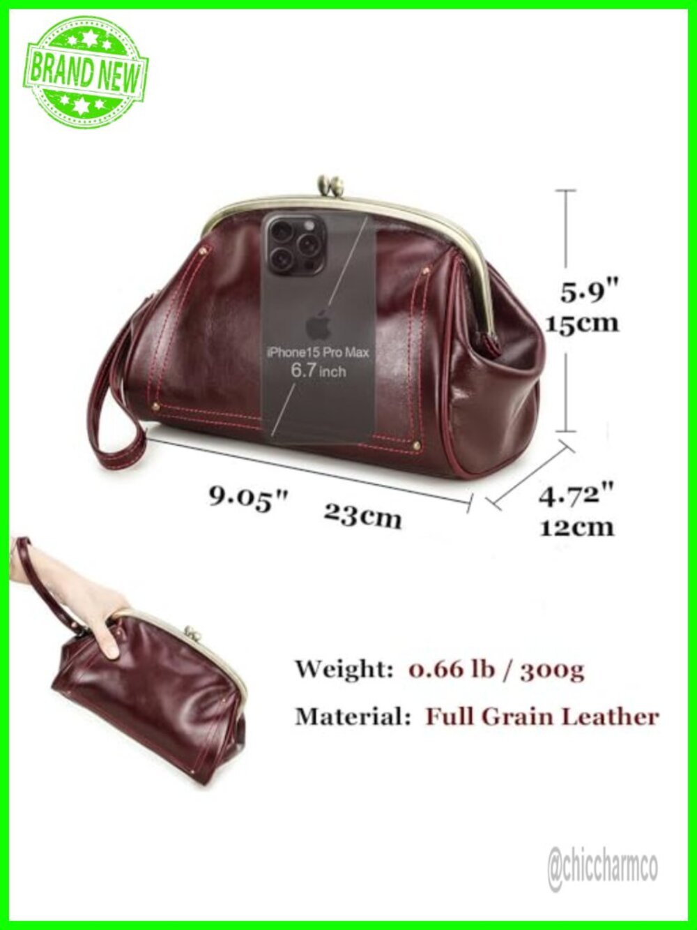 Full Grain Leather Kiss Lock Clutch Purse Evening Bag - Picture 3 of 6